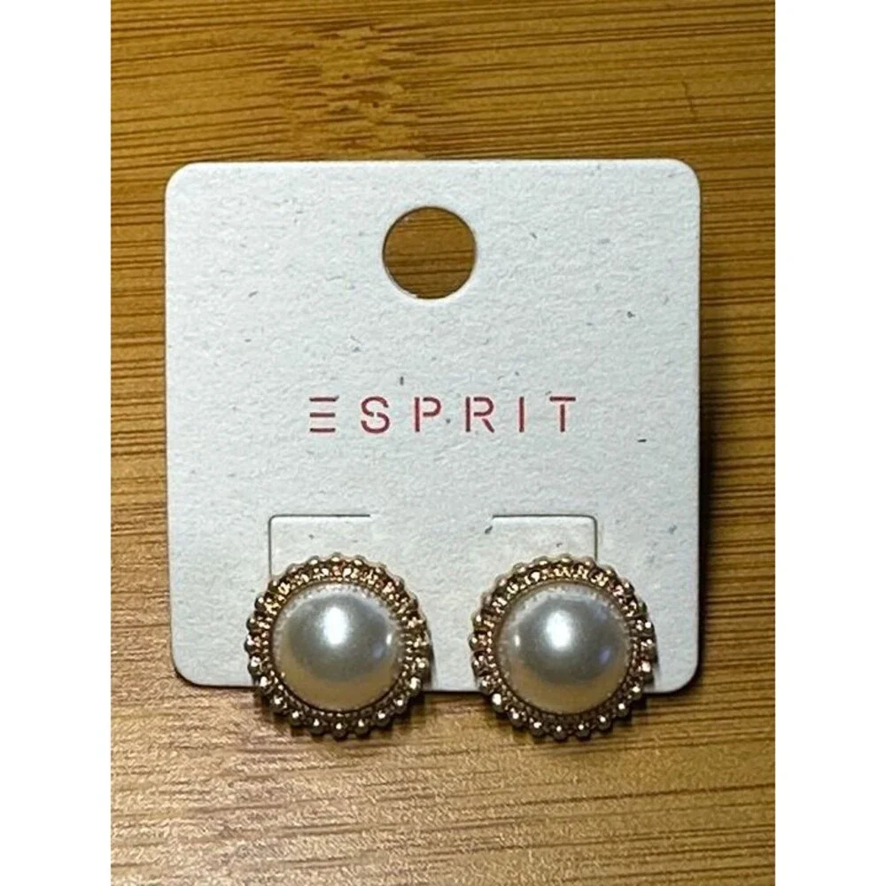 ESPRIT Gold Tone Pearl Stud Earrings Beaded Border Bridal Classic Style New